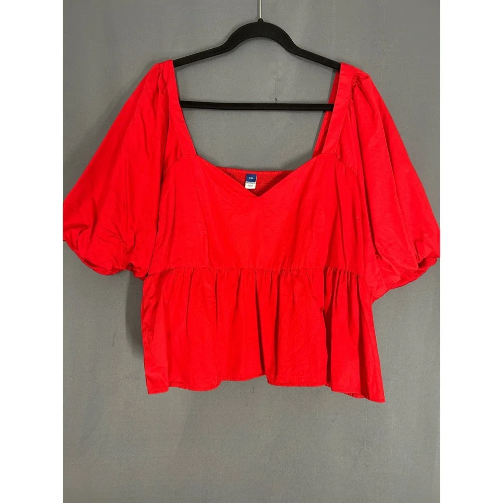 Cottagecore Red Puff Sleeve Peplum Top Square Neck Cotton Poplin Blouse XXL
